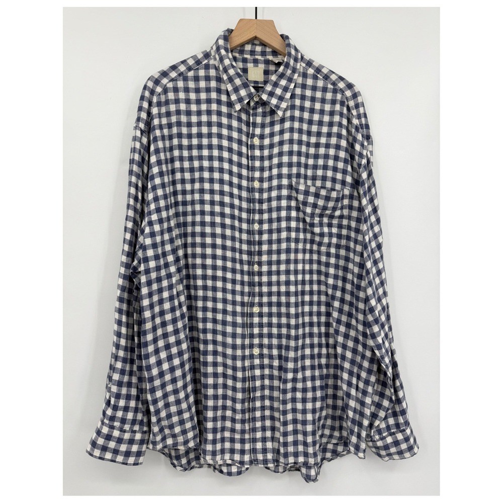 Vinatge Gap Shirt Mens XL Blue Gingham 100% Linen Long Sleeve Button Up